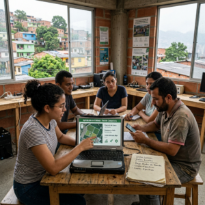 Five people sitting at a wooden table looking at a laptop showing agricultural data and a man using a smartphone in a room with large windows and a view of houses.