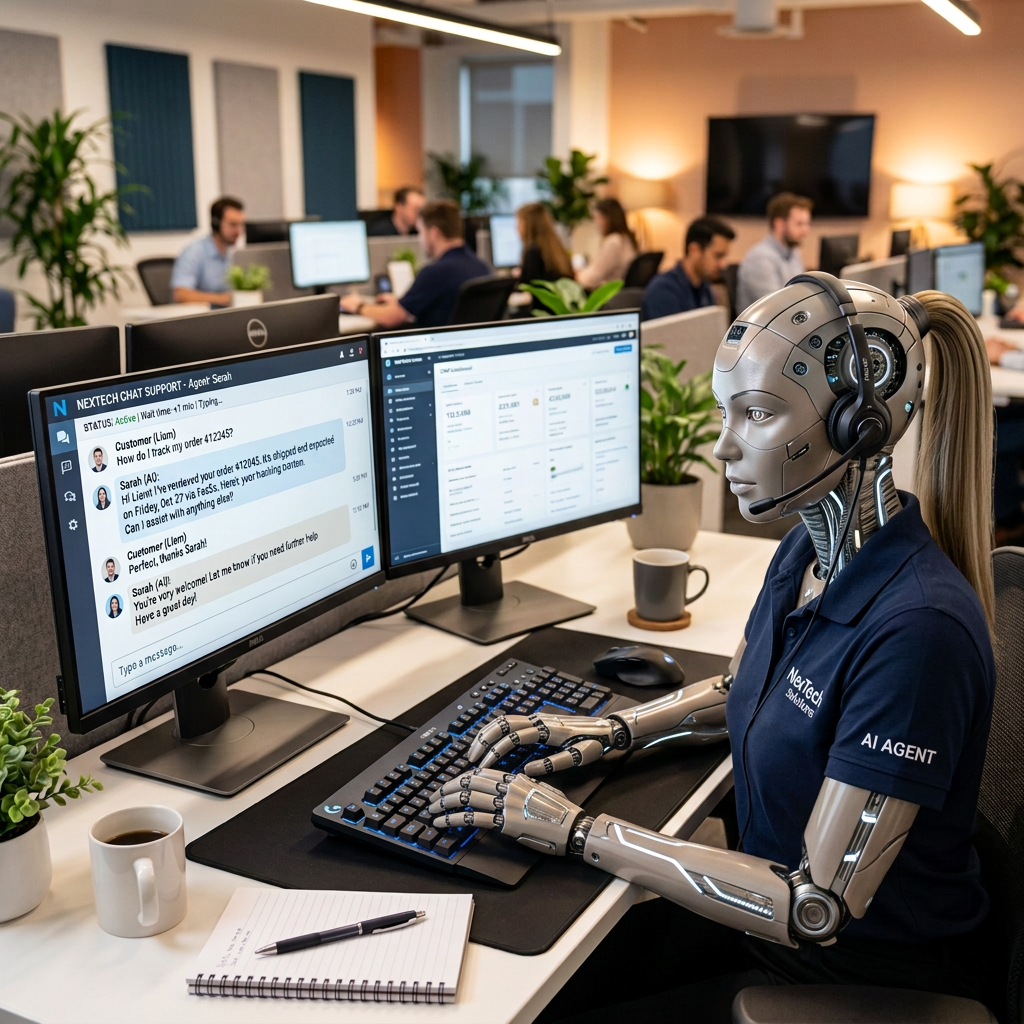 AI customer support agent typing responses on dual monitors in office